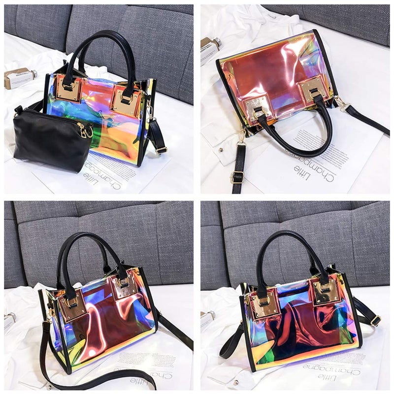 AlwaySky Women Transparent Shoulder Bag, 2 in 1 Designer Fashion Handbag Tote Purse Waterproof Summer Beach Bag Satchel, Laser-Black - Image 3
